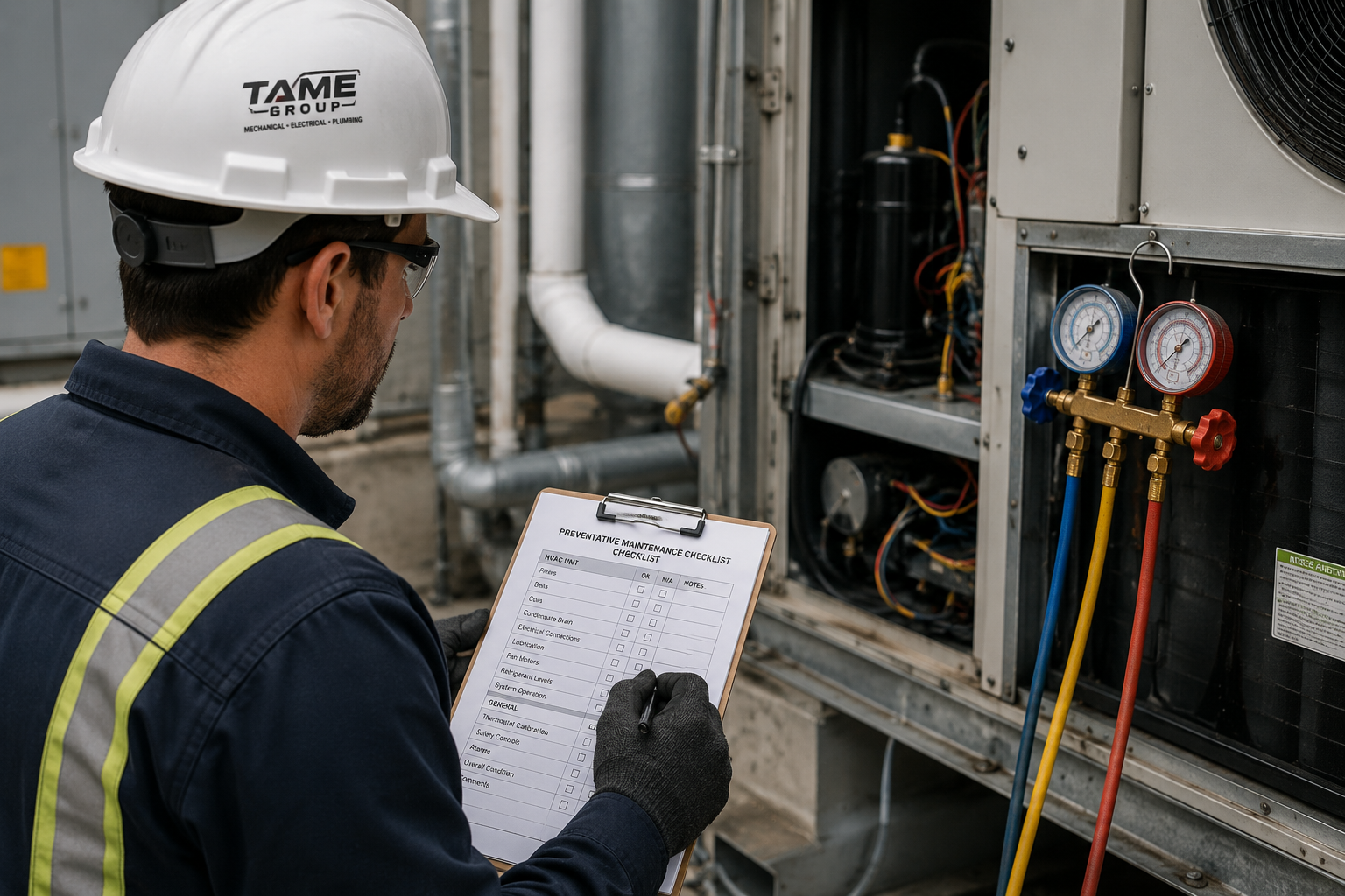 Preventative maintenance technician inspecting equipment